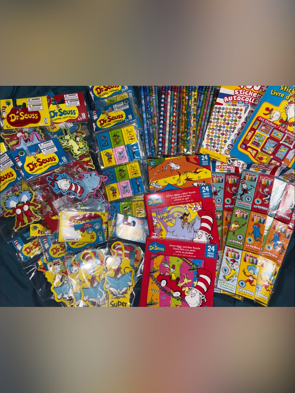 Dr. Seuss Party Favor / School supplies 8+ lbs colors, sharpeners, stickers, etc